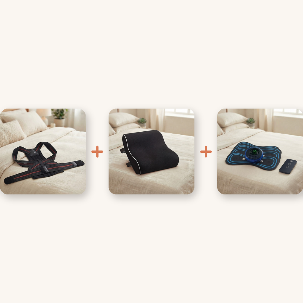 Office No-Pain Kit — posture corrector, lumbar cushion, mini massager